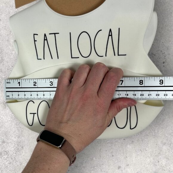 NWT Rae‎ Dunn Baby by Magenta Set of Two Silicone Bibs Eat Local Good Mood White - Picture 6 of 6